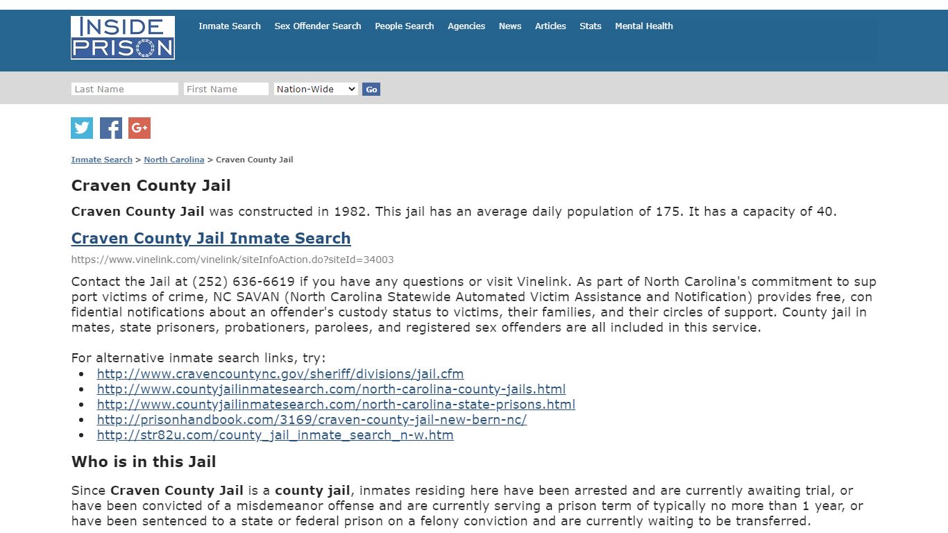 Craven County Jail - North Carolina - Inmate Search - Inside Prison